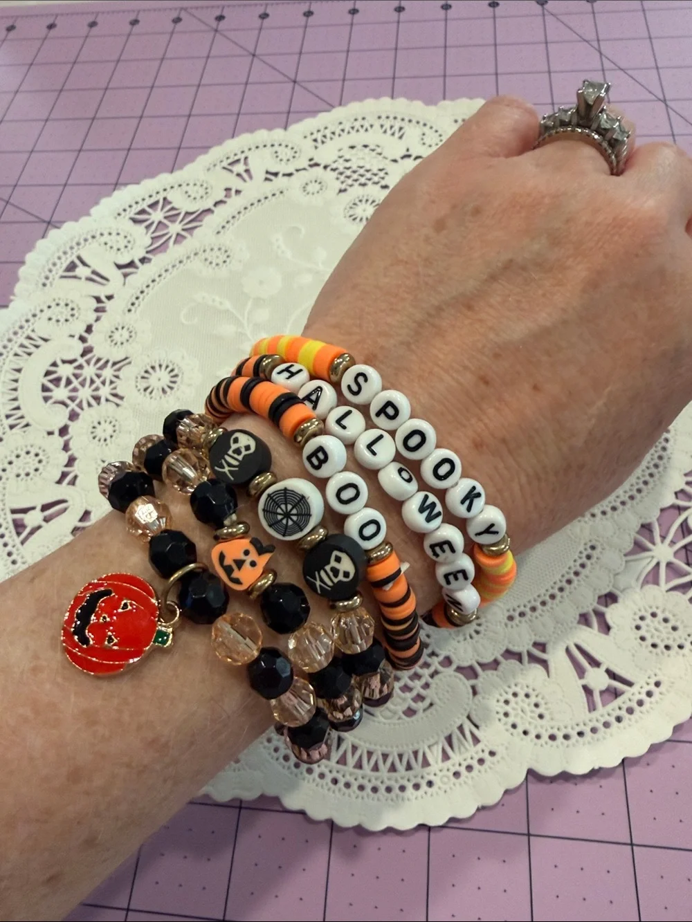 Stretchy set of 6 Halloween Beaded Bracelet Stack - Orange, Black, White